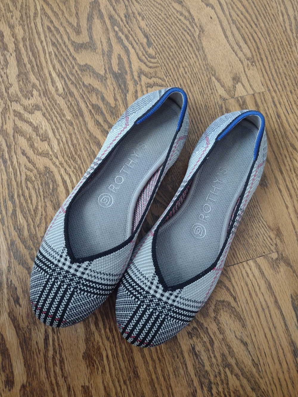 Rothy's Plaid Knit Slip-On Flats in Black, White & Blue Trim